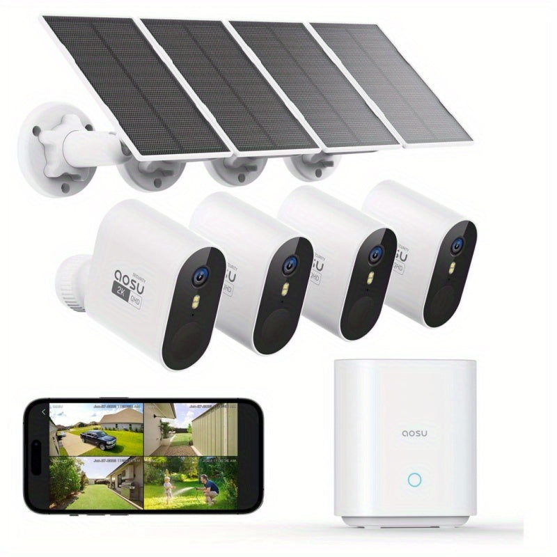 Draadloos Beveiligingssysteem – Beveiligingscamera’s – Buitencamera’s – Camerabewaking – Zonne-energie Camera’s – 4 Camera’s + Basisstation – 2K QHD Resolutie – 166° Ultra-brede Kijkhoek