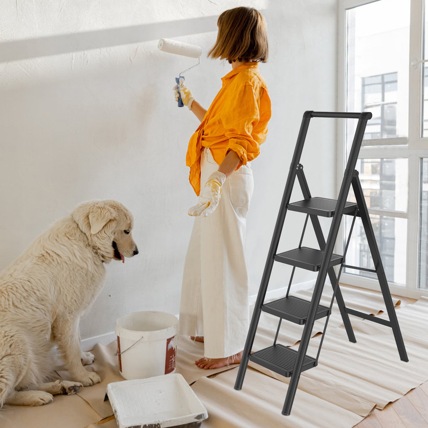 Klimtrap – Opvouwbare Ladder – Tredenladder – Trapkruk – Veiligheidsladder – 4 Treden Met Handgreep – Max Belastbaarheid 270 kg – Brede Antislip Treden