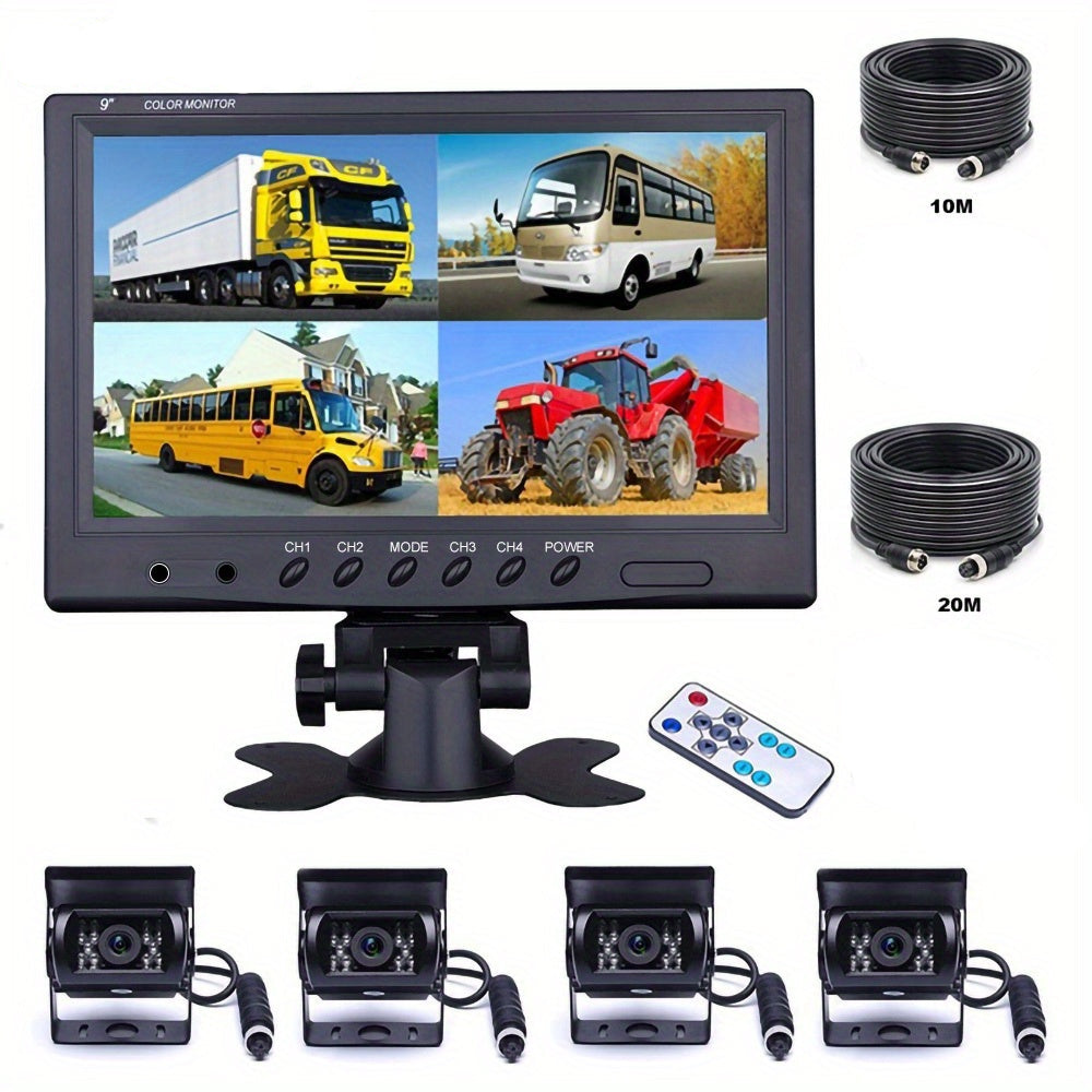 Achteruitkijkcamera – Parkeercamera – Backup Camera – Beveiligingscamera – Camerasysteem – 9 Inch Scherm – 4 Camera’s Met Kabels 10m/20m – Geschikt Voor 12V & 24V Voertuigen