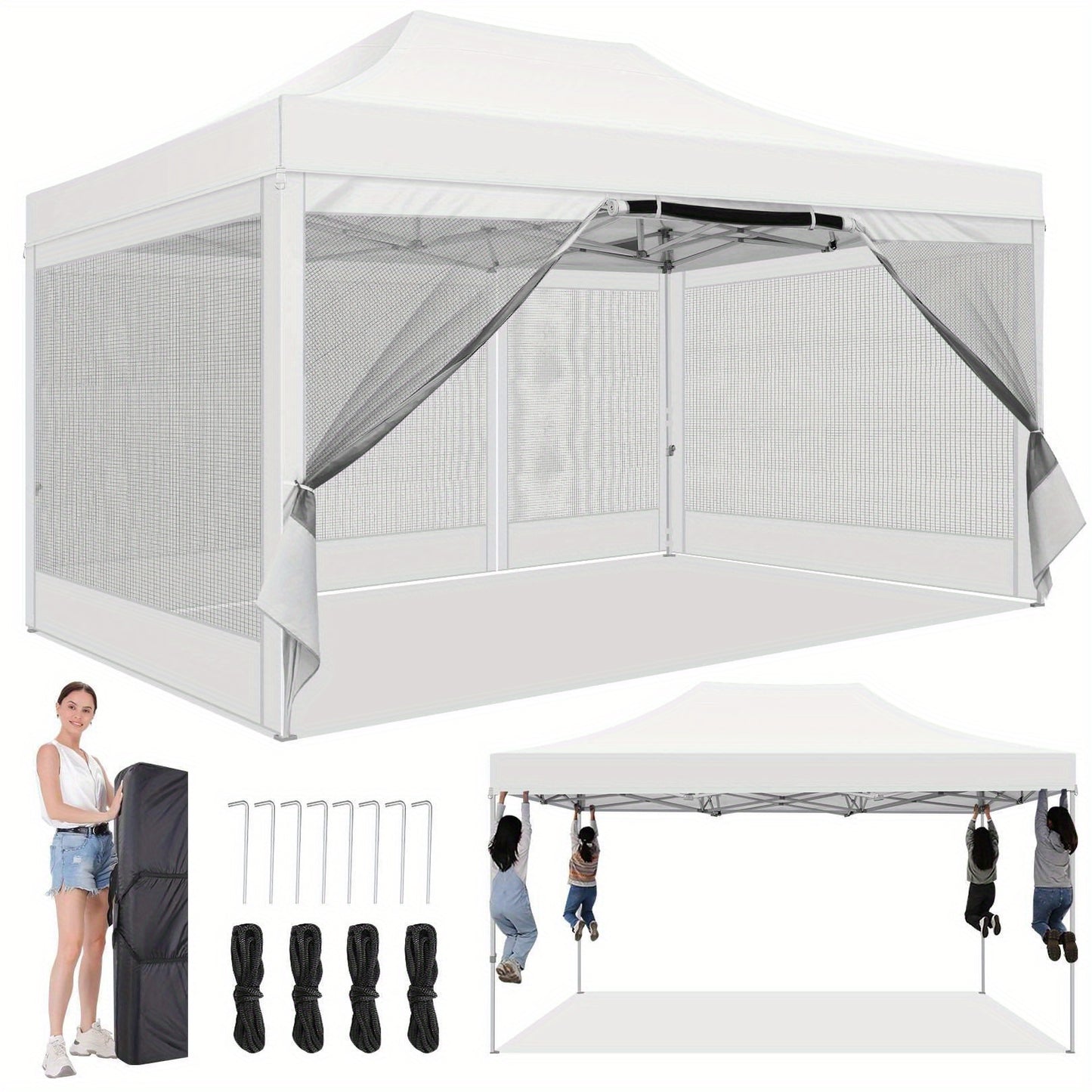 Vouwtent 3x4,5m – Pop-up Tent – Partytent – Overkapping – Kampeertent – Met 4 Muskietennetten – Lichtgewicht Oxford Polyester – Draagbaar Met Draagtas - Wit