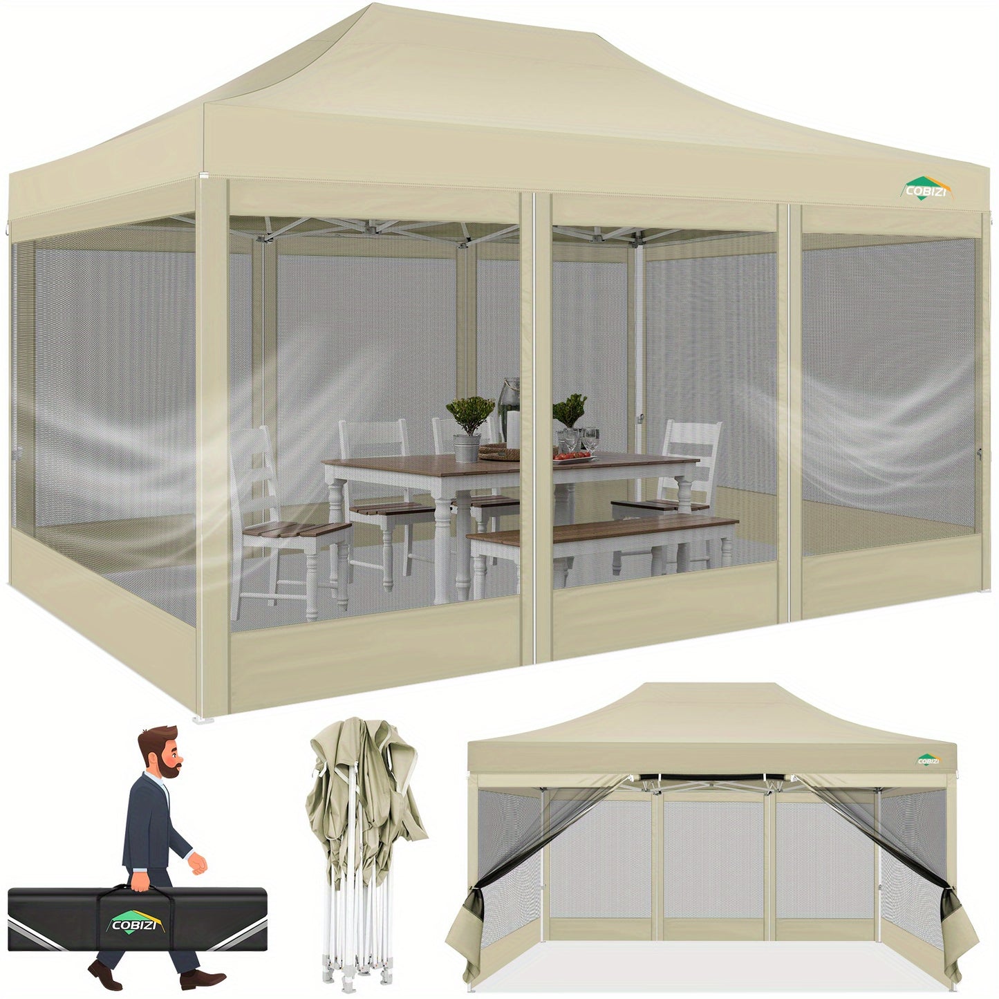 Pop-up Partytent – Inklapbare Tent – Vouwtent – Tuinpaviljoen – Partykap – 3x4,5 Meter – 4 Mesh Zijwanden – Draagband & Eenvoudige Opzet - Khaki