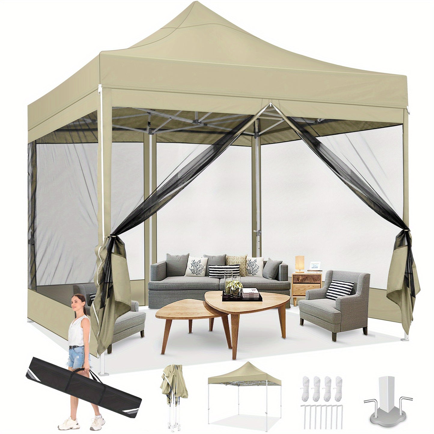 3×3m Vouwtent – Partytent – Klaptent – Paviljoen – Tent – Khaki – Muskietennet – Weerbestendig Materiaal