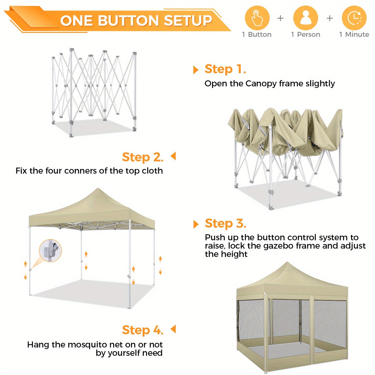 3×3m Vouwtent – Partytent – Klaptent – Paviljoen – Tent – Khaki – Muskietennet – Weerbestendig Materiaal