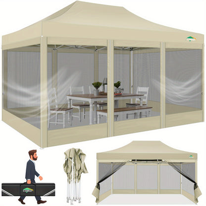 3×4.5m Heavy-Duty Pop-Up Tent with 4 Mosquito Net Walls, Easy to Set Up Commercial Gazebo Party Canopy Outdoor Instant Screen Shelter for Backyard Patio Garden