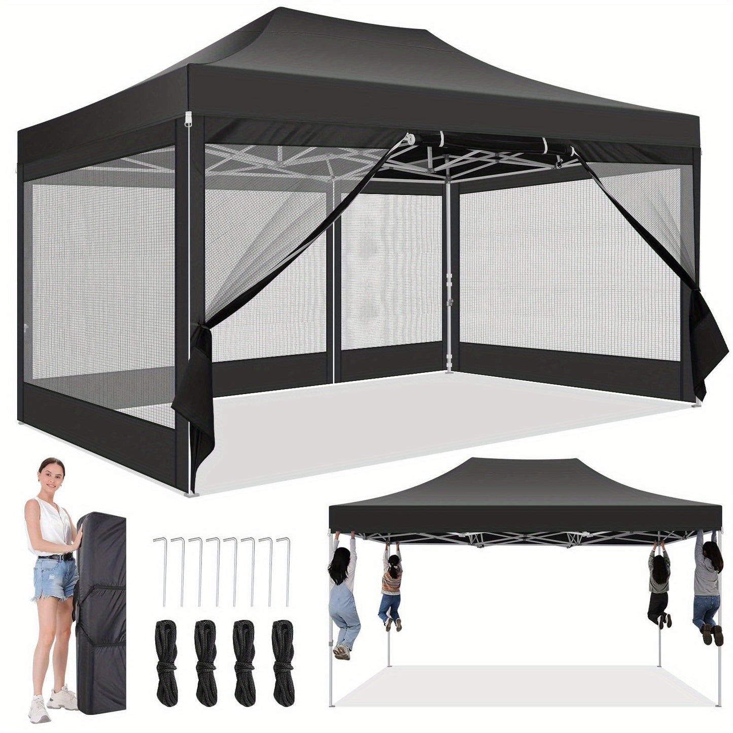 3×4.5m Heavy-Duty Pop-Up Tent with 4 Mosquito Net Walls, Easy to Set Up Commercial Gazebo Party Canopy Outdoor Instant Screen Shelter for Backyard Patio Garden