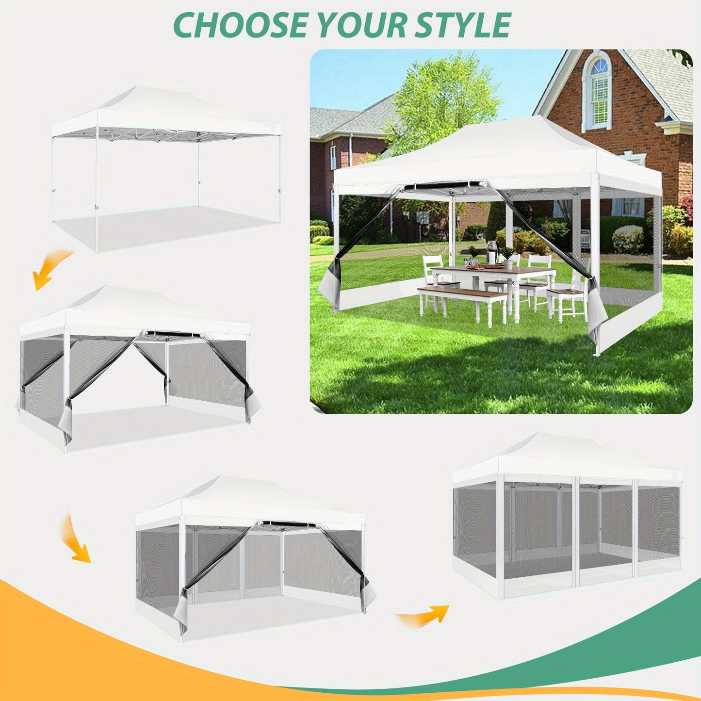 3×4.5m Heavy-Duty Pop-Up Tent with 4 Mosquito Net Walls, Easy to Set Up Commercial Gazebo Party Canopy Outdoor Instant Screen Shelter for Backyard Patio Garden
