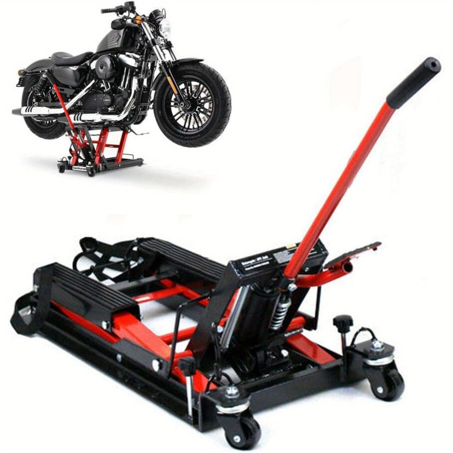 Motorfietsbrug – Motorlift – Motorkrik – Motorheftafel – Werkplaatskrik – Hydraulisch – Max. Draagvermogen 680 kg – Rubberen Anti-Slip Oppervlak – Verstelbare Hoogte – Rood