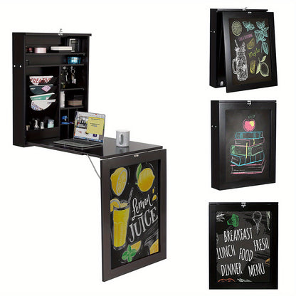 Wandbureau – Wandtafel – Klapbureau – Zwevend Bureau – Computerbureau – Opklapbaar Werkblad – MDF Zwart – Inclusief Krijtbord