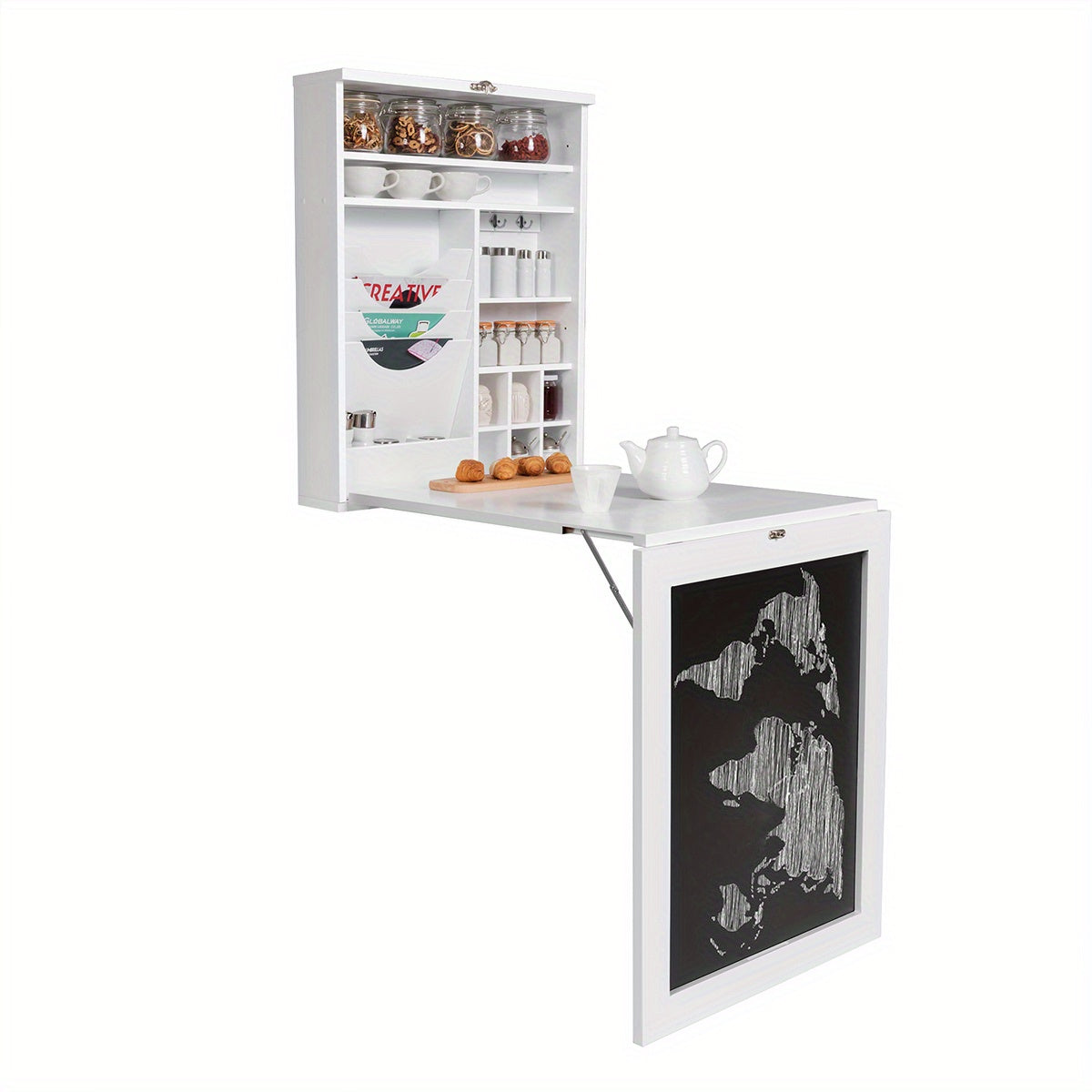 Wandtafel – Consoletafel – Haltafel – Sidetable – Dressoir – Inklapbaar – Met Opbergruimte en Krijtbord – MDF Wit – Ruimtebesparend Design