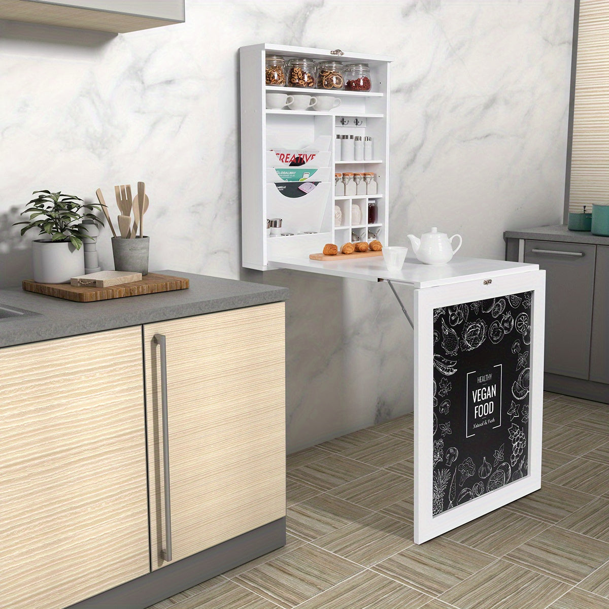 Wandtafel – Consoletafel – Haltafel – Sidetable – Dressoir – Inklapbaar – Met Opbergruimte en Krijtbord – MDF Wit – Ruimtebesparend Design
