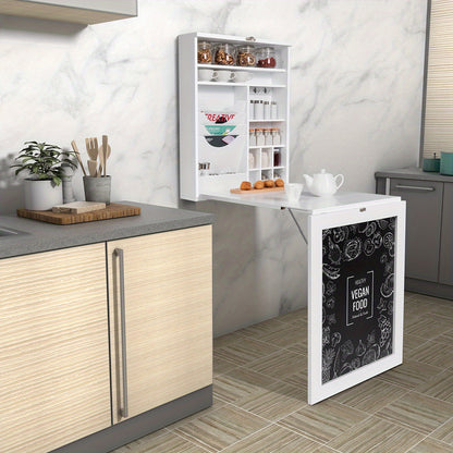 Wandtafel – Consoletafel – Haltafel – Sidetable – Dressoir – Inklapbaar – Met Opbergruimte en Krijtbord – MDF Wit – Ruimtebesparend Design