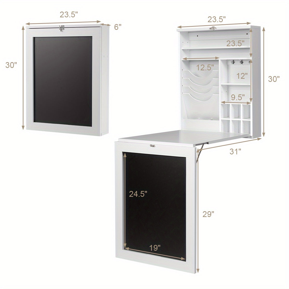Wandtafel – Consoletafel – Haltafel – Sidetable – Dressoir – Inklapbaar – Met Opbergruimte en Krijtbord – MDF Wit – Ruimtebesparend Design