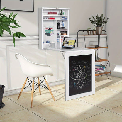 Wandtafel – Consoletafel – Haltafel – Sidetable – Dressoir – Inklapbaar – Met Opbergruimte en Krijtbord – MDF Wit – Ruimtebesparend Design