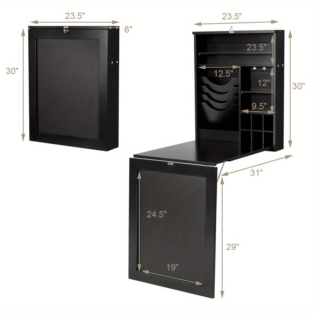 Wandbureau – Wandtafel – Klapbureau – Zwevend Bureau – Computerbureau – Opklapbaar Werkblad – MDF Zwart – Inclusief Krijtbord