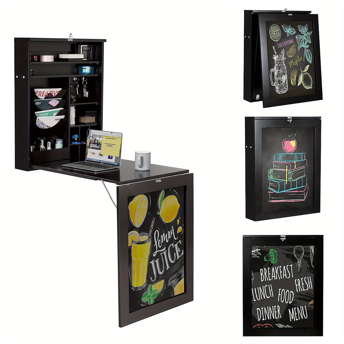 Wandbureau – Wandtafel – Klapbureau – Zwevend Bureau – Computerbureau – Opklapbaar Werkblad – MDF Zwart – Inclusief Krijtbord