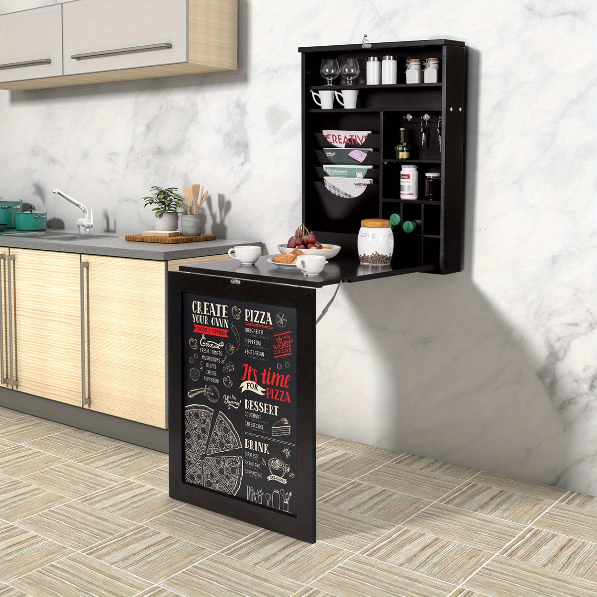 Wandbureau – Wandtafel – Klapbureau – Zwevend Bureau – Computerbureau – Opklapbaar Werkblad – MDF Zwart – Inclusief Krijtbord
