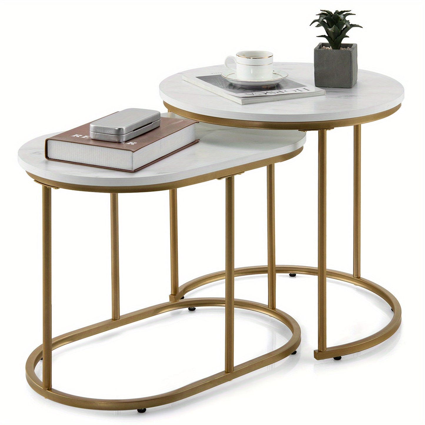Salontafelset – Koffietafel – Bijzettafel – Woonkamertafel – Tafelset – Marmerlook MDF – Stabiel Metalen Onderstel – Nesting Design