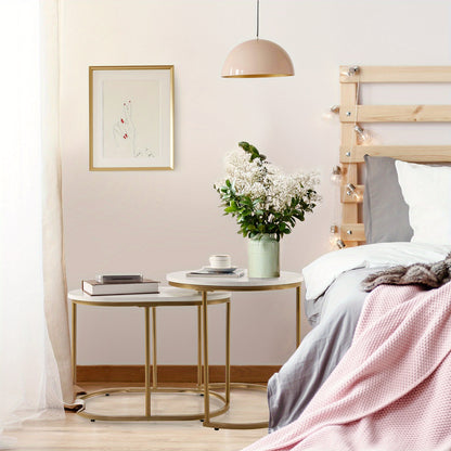 Salontafelset – Koffietafel – Bijzettafel – Woonkamertafel – Tafelset – Marmerlook MDF – Stabiel Metalen Onderstel – Nesting Design