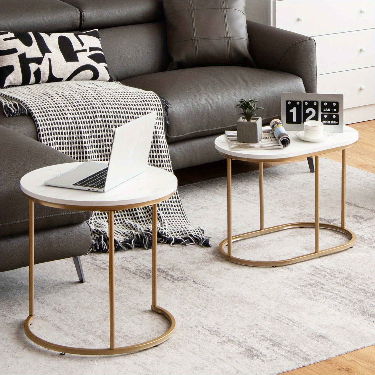Salontafelset – Koffietafel – Bijzettafel – Woonkamertafel – Tafelset – Marmerlook MDF – Stabiel Metalen Onderstel – Nesting Design