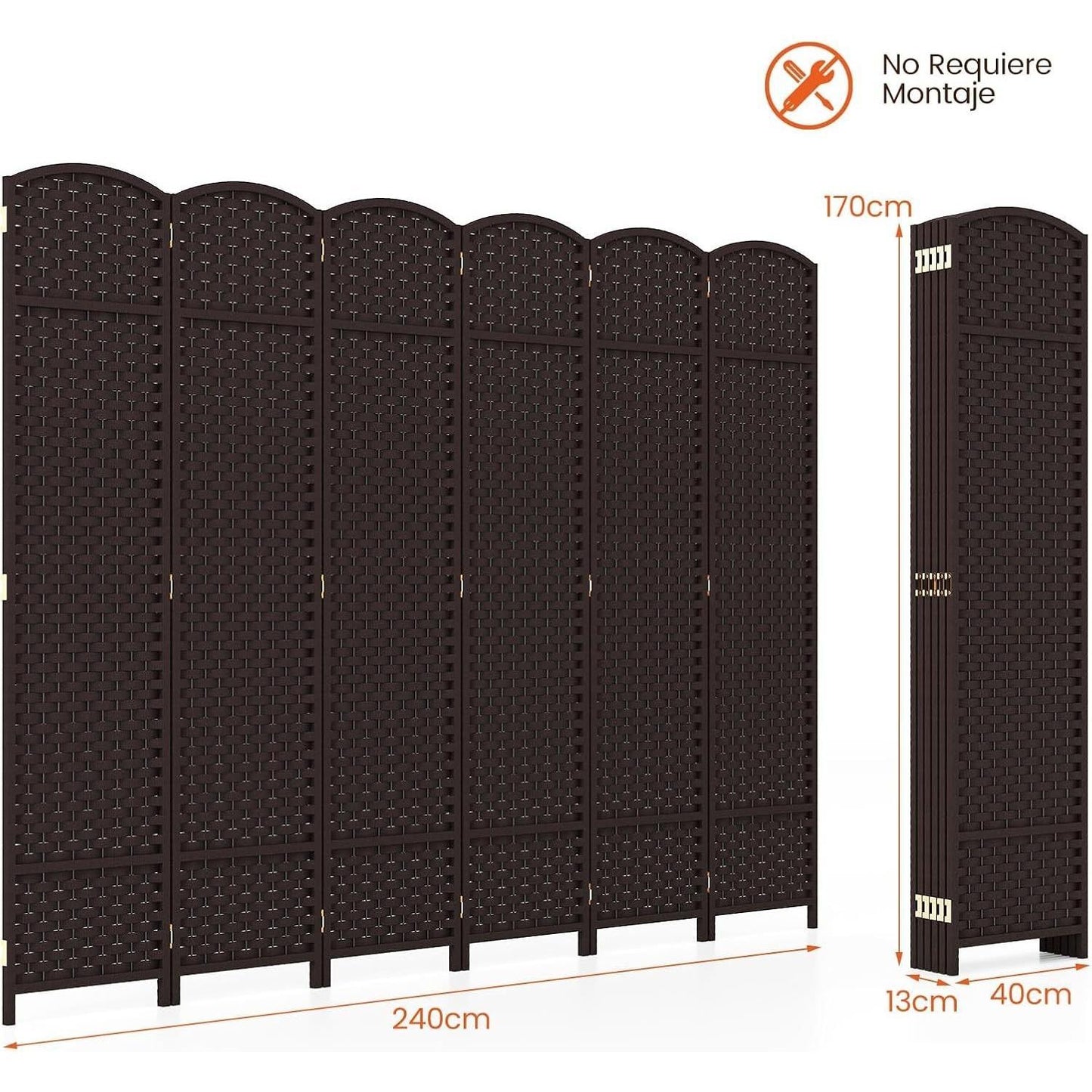 Kamerscheiding – Room Divider – Scheidingswand – Ruimteverdeler – 6-delig – Handgeweven Textuur – Massief Houten Frame – 170 cm Breed – Flexibel & Duurzaam