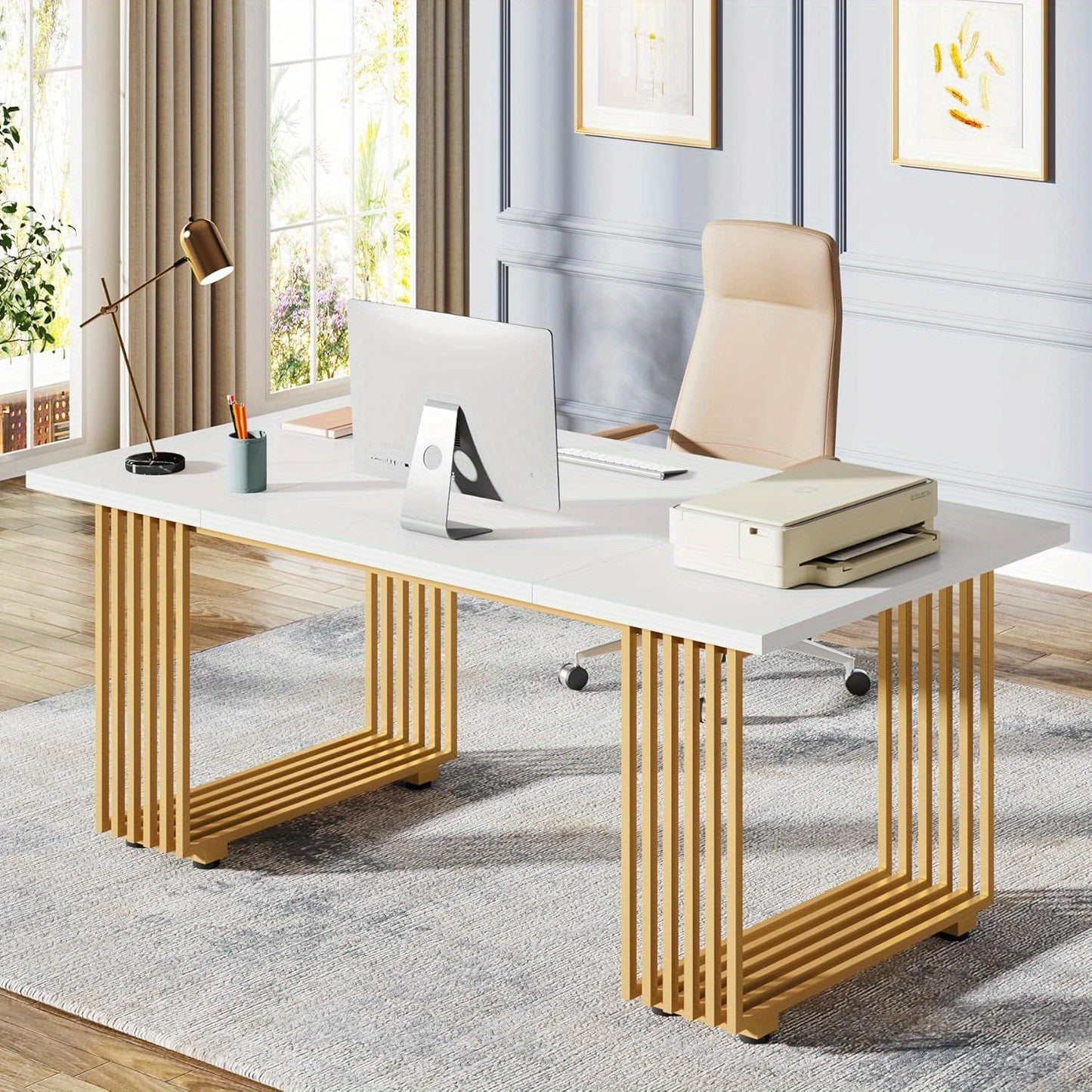 Bureau – Bureautafel – Schrijftafel – Werkplek – Computertafel – Wit en Gouden Details – 180 cm Ruim Werkoppervlak – Hoogwaardig Engineered Wood
