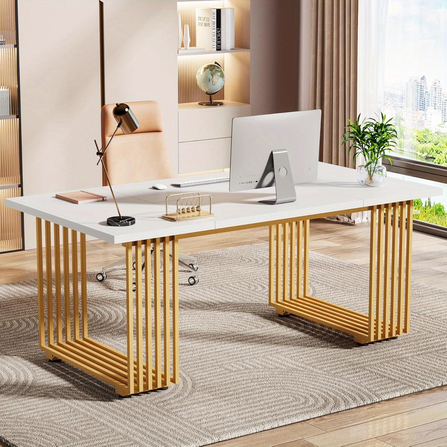 Bureau – Bureautafel – Schrijftafel – Werkplek – Computertafel – Wit en Gouden Details – 180 cm Ruim Werkoppervlak – Hoogwaardig Engineered Wood