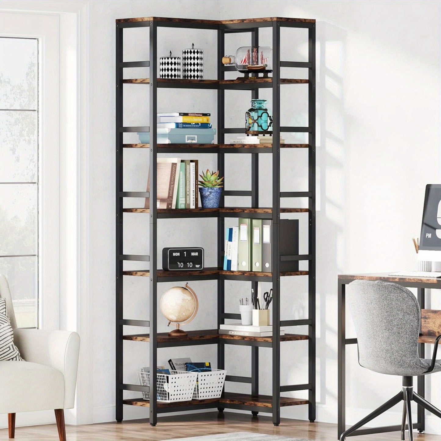 Boekenkast – Boekenrek – Opbergkast – Vakkenkast – Hoekboekenkast – 7 Lagen – Hout Metaal – Vrijstaand – Industrieel Bruin