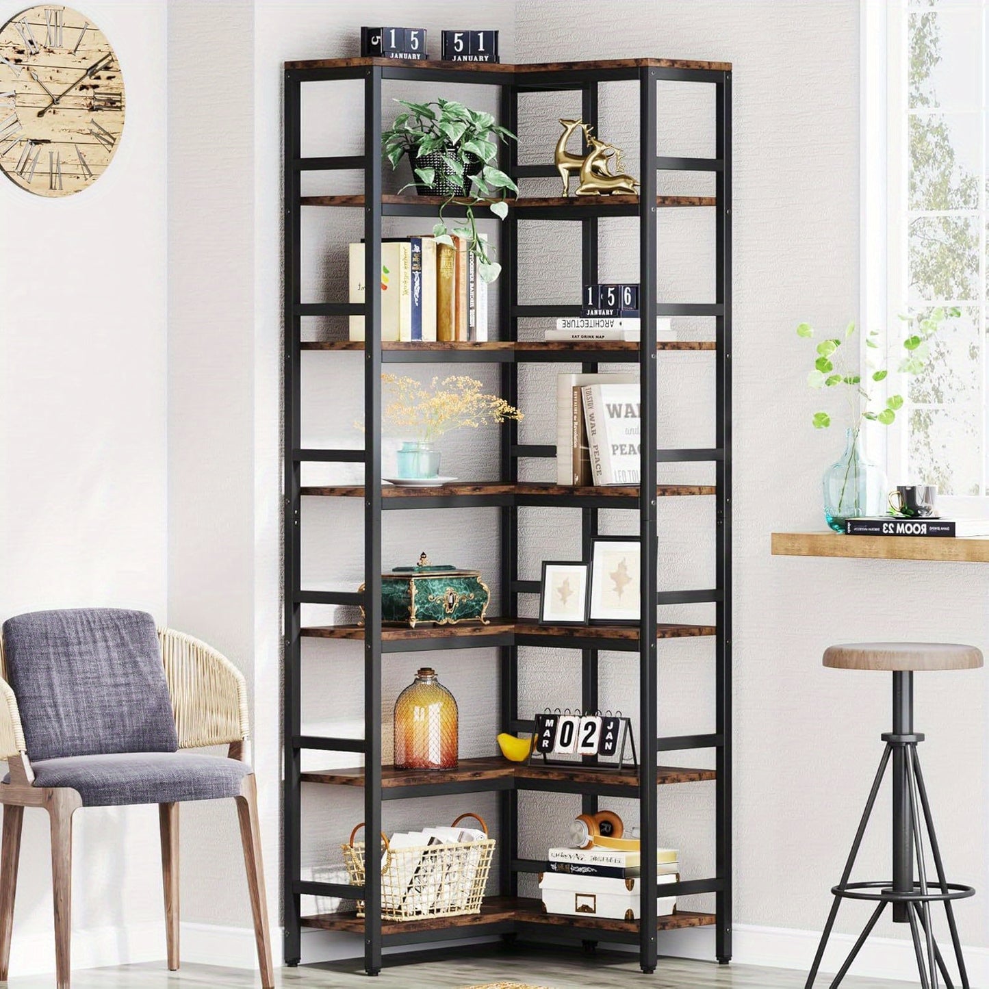 Boekenkast – Boekenrek – Opbergkast – Vakkenkast – Hoekboekenkast – 7 Lagen – Hout Metaal – Vrijstaand – Industrieel Bruin