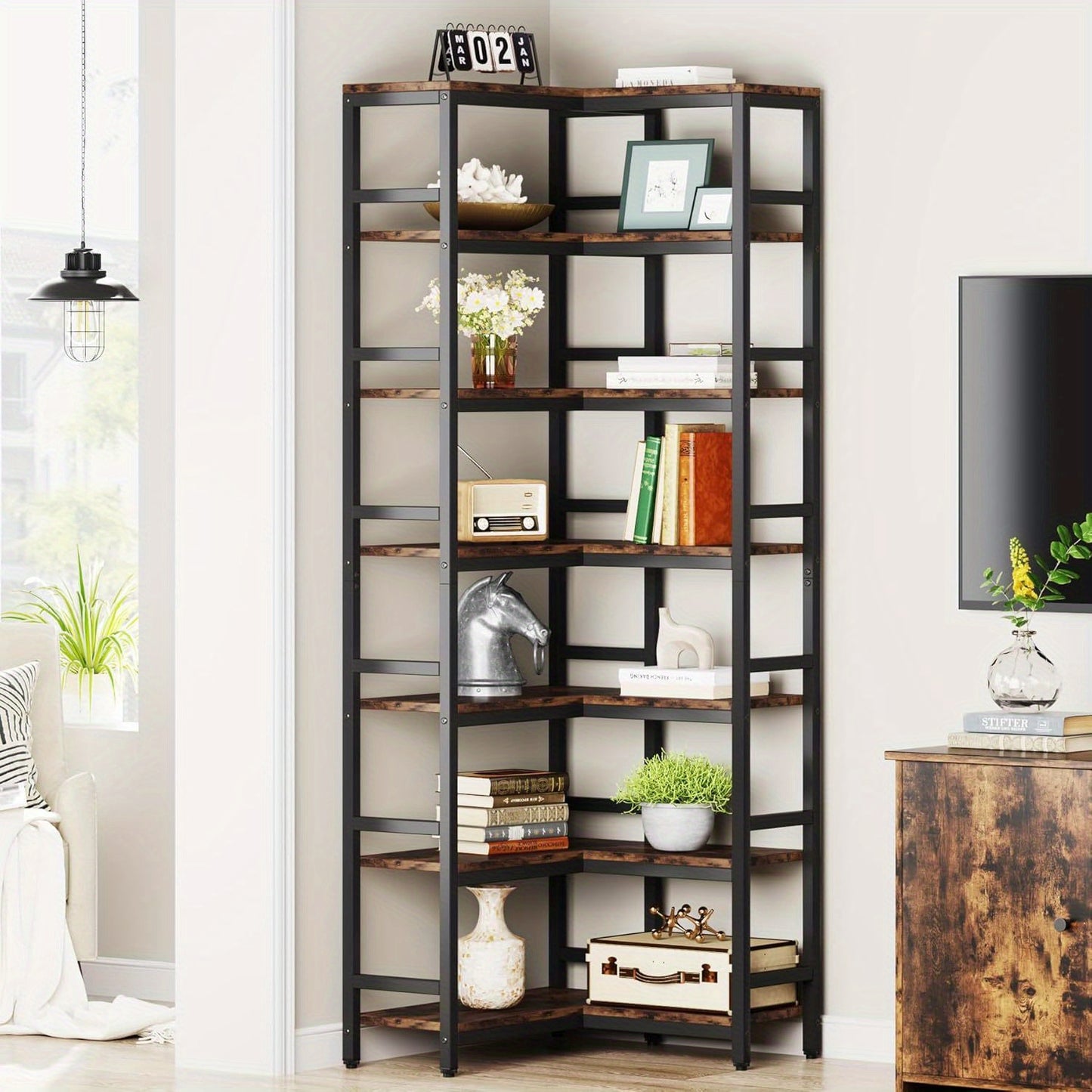 Boekenkast – Boekenrek – Opbergkast – Vakkenkast – Hoekboekenkast – 7 Lagen – Hout Metaal – Vrijstaand – Industrieel Bruin