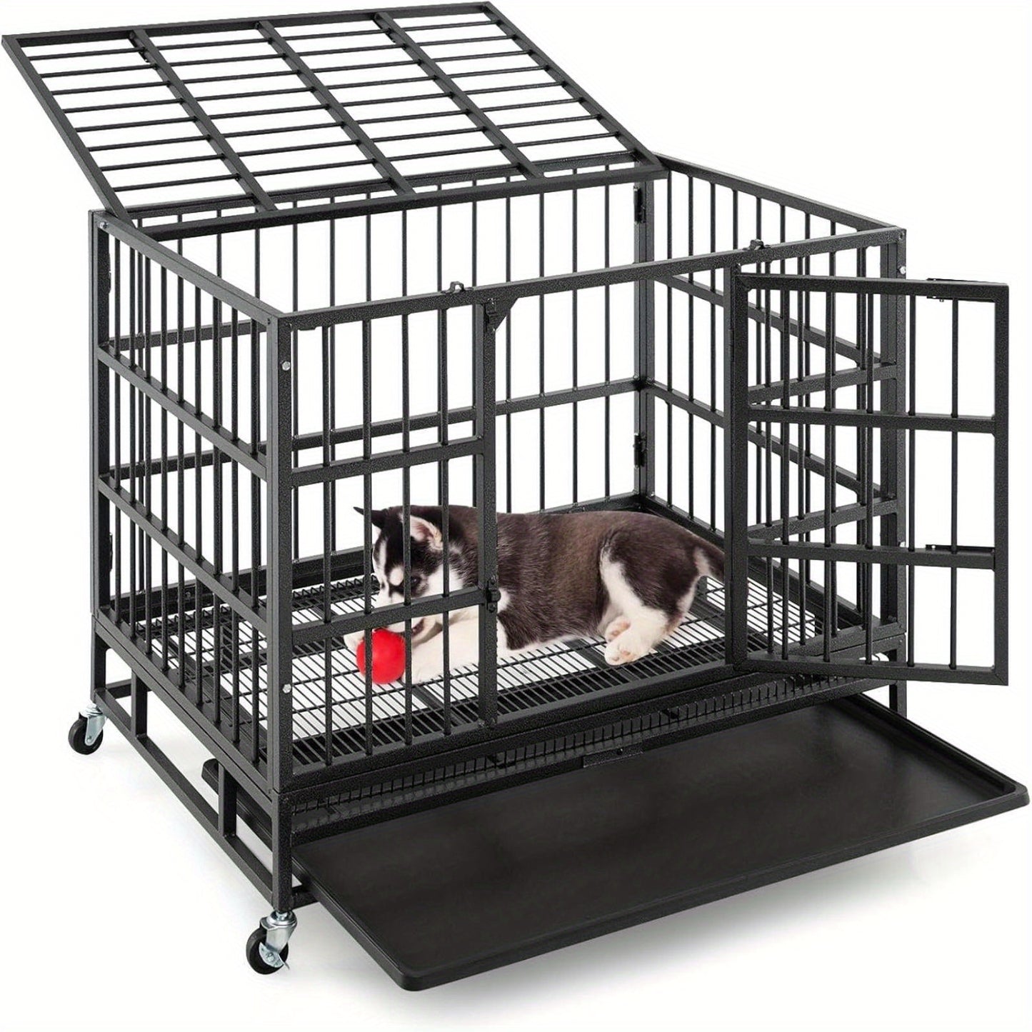 Hondenbench – Hondenkooi – Hondenhuisje – Transportbox – Reisbench – Opvouwbaar – Twee Deuren – Wieltjes – Uitbreidbare Onderlade – Metaal