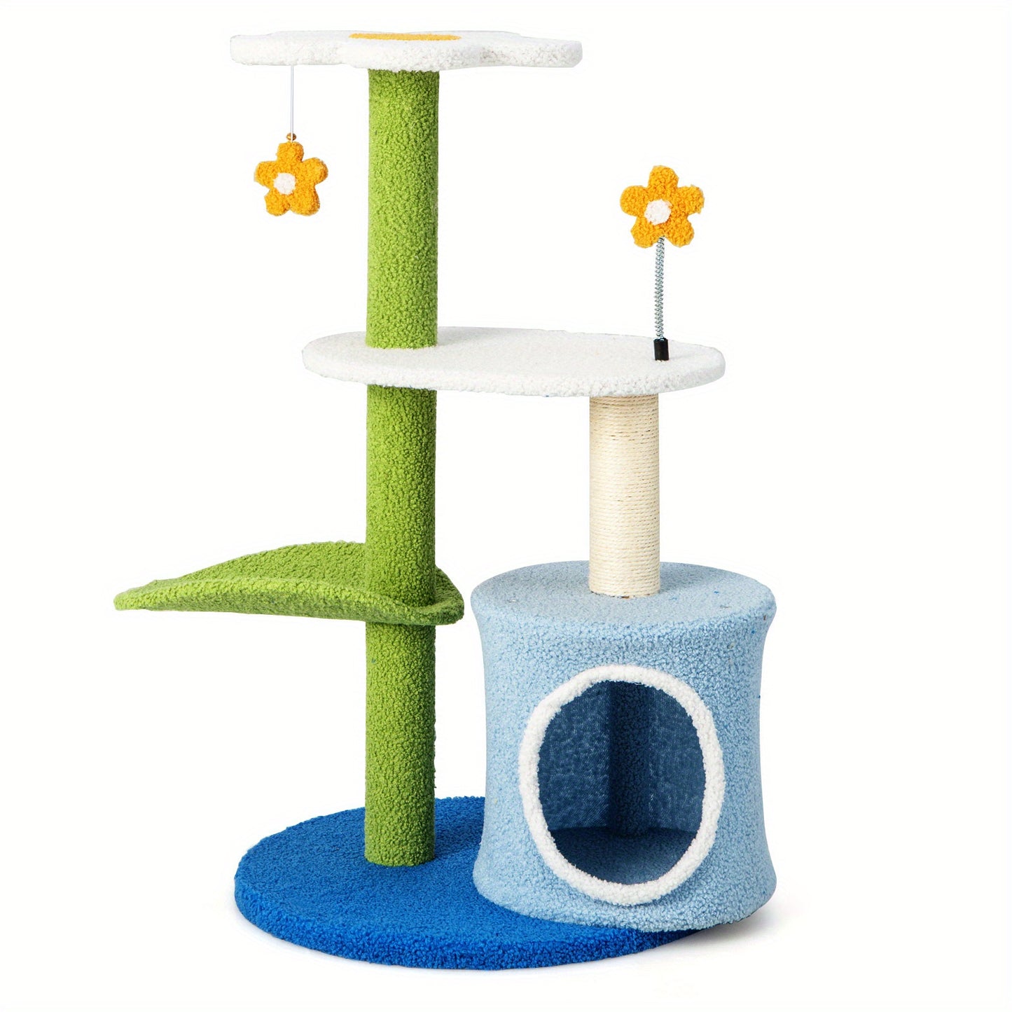 Krabpaal – Kattenboom – Krabmeubel – Krabton – Kattentoren – Compact 49x49x87 cm – Natuurlijke Sisal Bekleding – Bloemvormig Platform & Kattenhol Groen