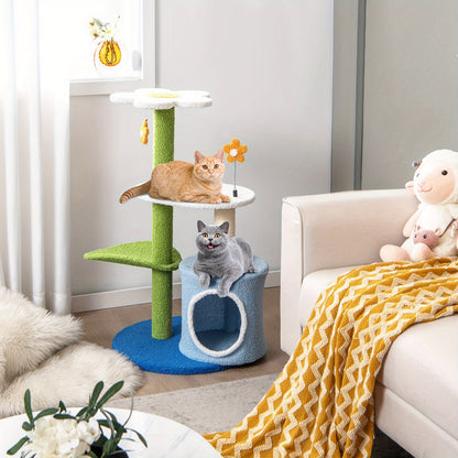Krabpaal – Kattenboom – Krabmeubel – Krabton – Kattentoren – Compact 49x49x87 cm – Natuurlijke Sisal Bekleding – Bloemvormig Platform & Kattenhol Groen