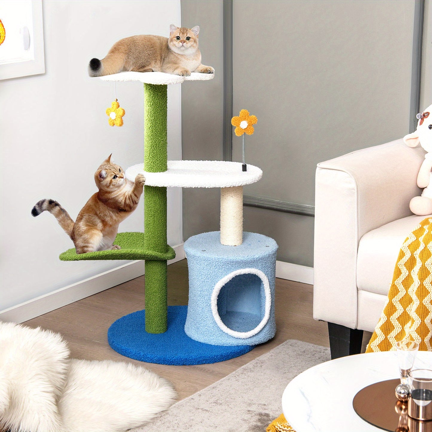 Krabpaal – Kattenboom – Krabmeubel – Krabton – Kattentoren – Compact 49x49x87 cm – Natuurlijke Sisal Bekleding – Bloemvormig Platform & Kattenhol Groen