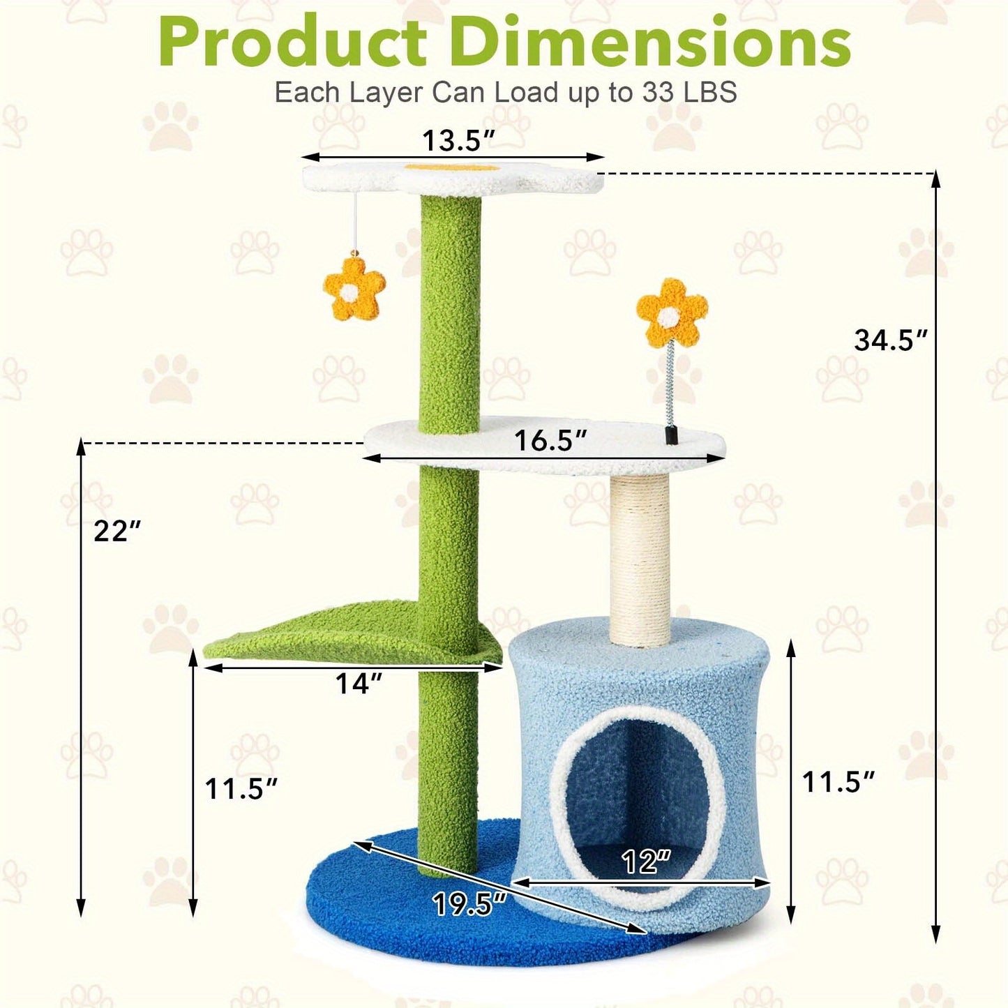 Krabpaal – Kattenboom – Krabmeubel – Krabton – Kattentoren – Compact 49x49x87 cm – Natuurlijke Sisal Bekleding – Bloemvormig Platform & Kattenhol Groen