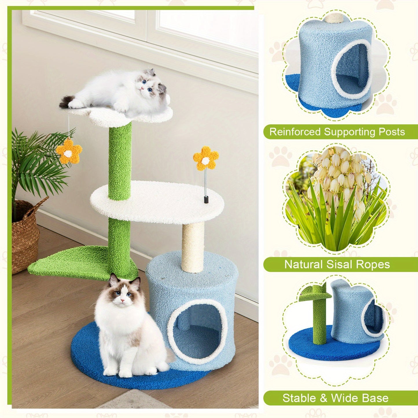 Krabpaal – Kattenboom – Krabmeubel – Krabton – Kattentoren – Compact 49x49x87 cm – Natuurlijke Sisal Bekleding – Bloemvormig Platform & Kattenhol Groen