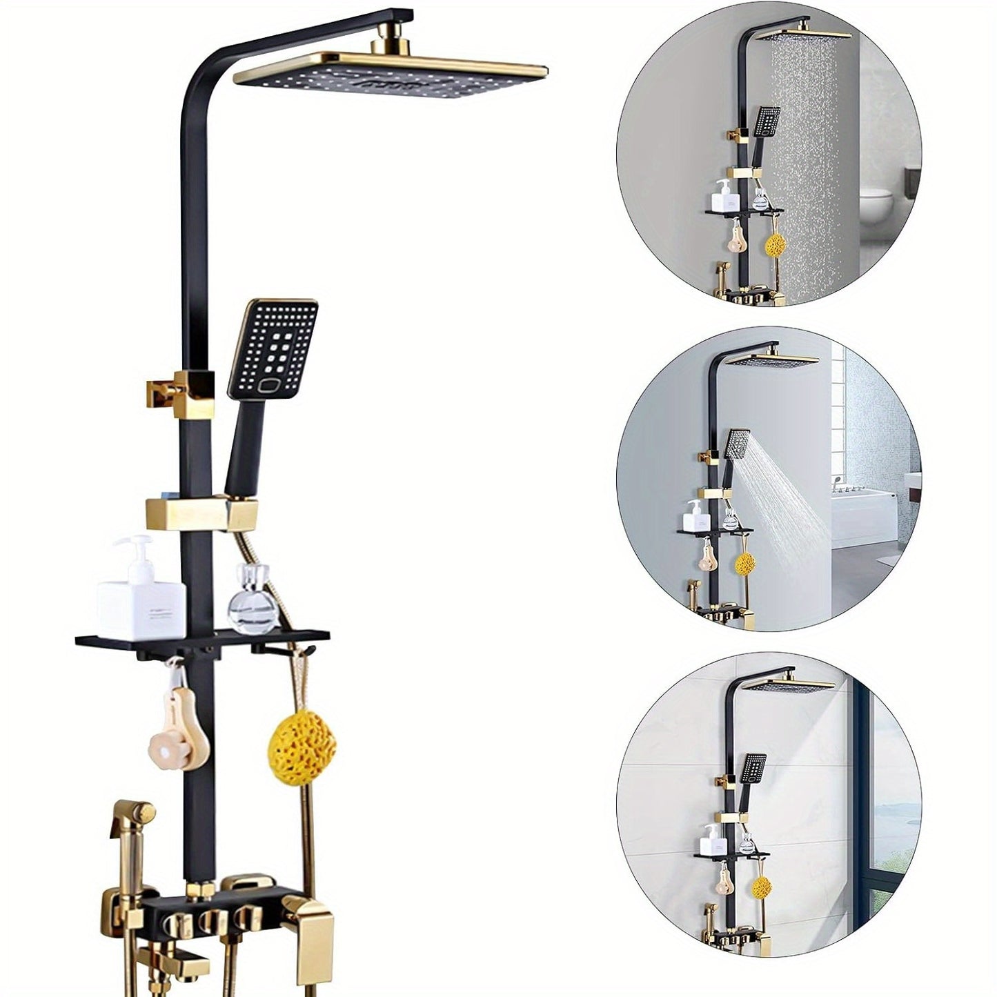 Doucheset – Douchekraan – Douchekop – Handdouche – Douchepaneel – Zwart-Goud – Grote Hoofddouche 30x20 cm – Verstelbare Hoogte 75-120 cm