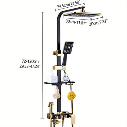 Doucheset – Douchekraan – Douchekop – Handdouche – Douchepaneel – Zwart-Goud – Grote Hoofddouche 30x20 cm – Verstelbare Hoogte 75-120 cm