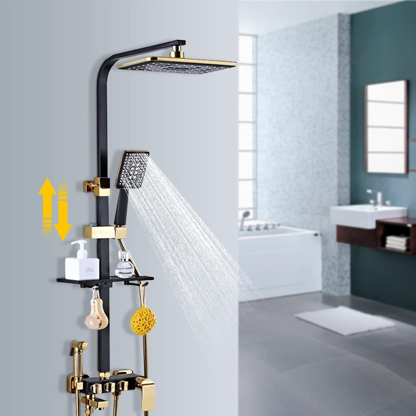 Doucheset – Douchekraan – Douchekop – Handdouche – Douchepaneel – Zwart-Goud – Grote Hoofddouche 30x20 cm – Verstelbare Hoogte 75-120 cm