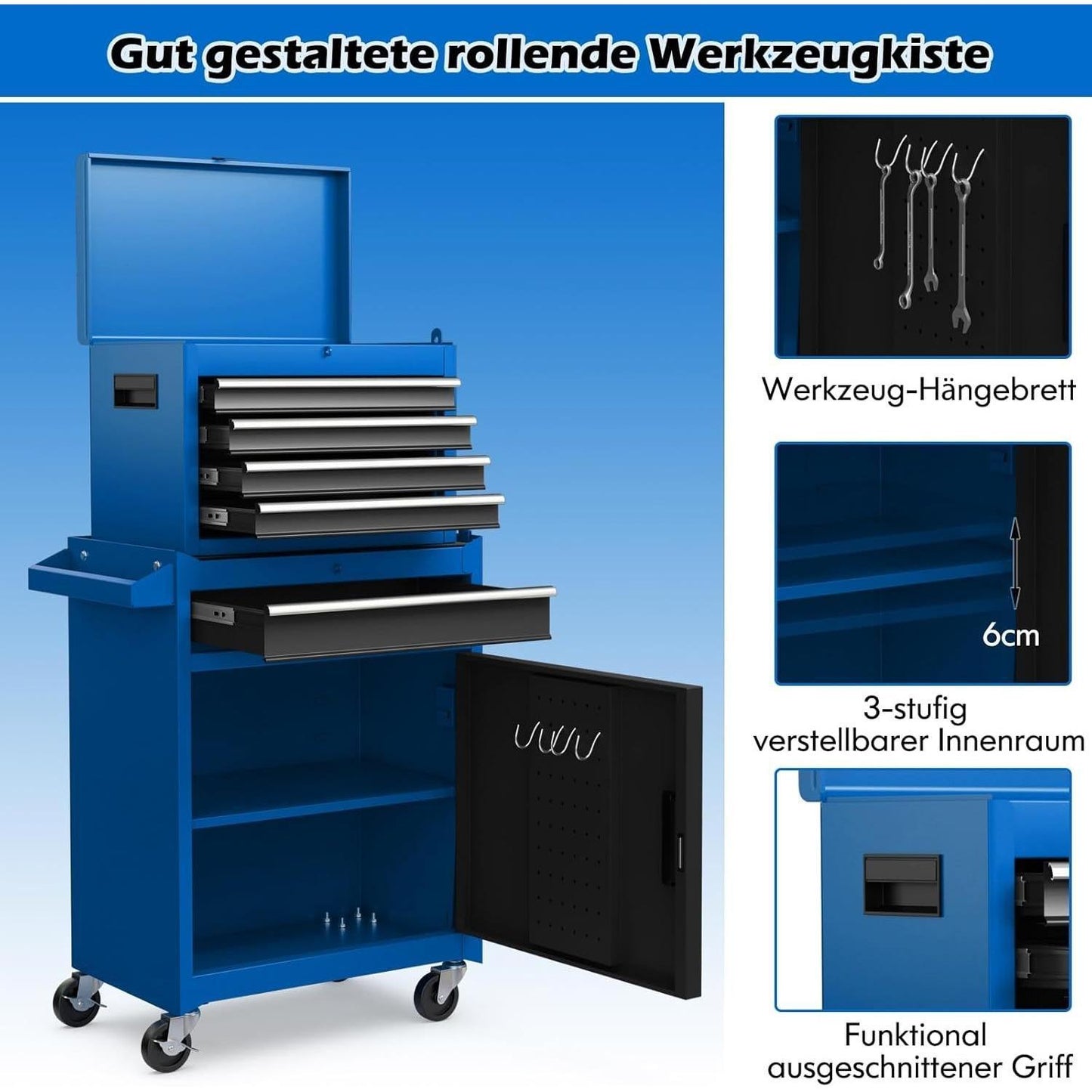Gereedschapswagen – Werkplaatswagen – Gereedschapstrolley – Werkbank – Gereedschapskast – 2-in-1 Met Verwijderbare Kist – Vergrendelbare Wielen Met Verstelbare Plank – Stalen Constructie 59x28x102 cm – Draagvermogen 100 kg