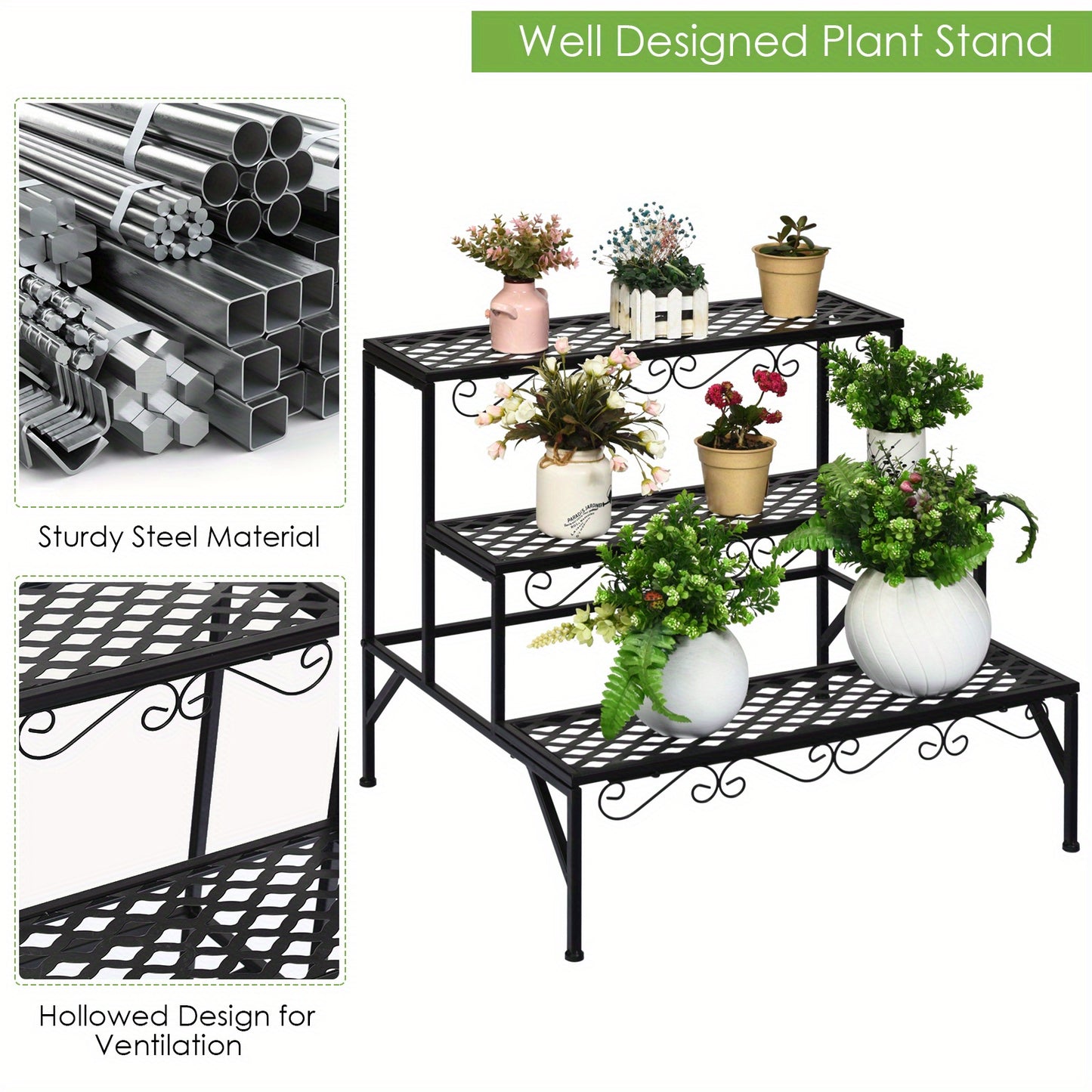 Plantenrek – Plantenstandaard – Plantentafel – Bloemenrek – Plantentrap – Metaal – 3 Niveaus – Weerbestendig & Stevig