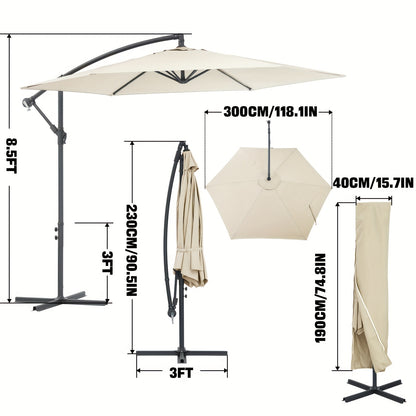 3x2m Cantilever Parasol with Cross Base - Heavy-Duty Outdoor Patio Umbrella, Manual Crank Handle, 6-Rib Stability, Adjustable Height & Tilt, Beige Canopy for Pool, Garden, Balcony, Commercial/Residential Use - Easy Installati