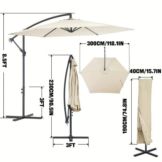 3x2m Cantilever Parasol with Cross Base - Heavy-Duty Outdoor Patio Umbrella, Manual Crank Handle, 6-Rib Stability, Adjustable Height & Tilt, Beige Canopy for Pool, Garden, Balcony, Commercial/Residential Use - Easy Installati