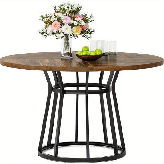 Ronde Eettafel – Eettafel Rond – Ronde Tafel – Eetkamertafel – Keukentafel – Modern Design – 119,89 cm Diameter – Donker Houten Blad – Zwart Metalen Onderstel