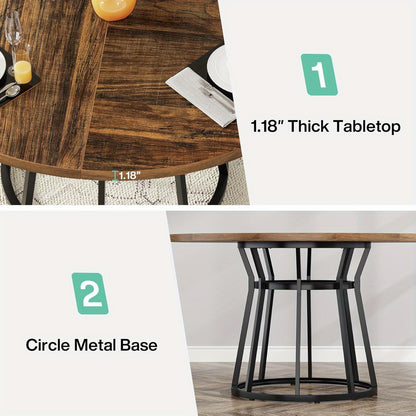 Ronde Eettafel – Eettafel Rond – Ronde Tafel – Eetkamertafel – Keukentafel – Modern Design – 119,89 cm Diameter – Donker Houten Blad – Zwart Metalen Onderstel