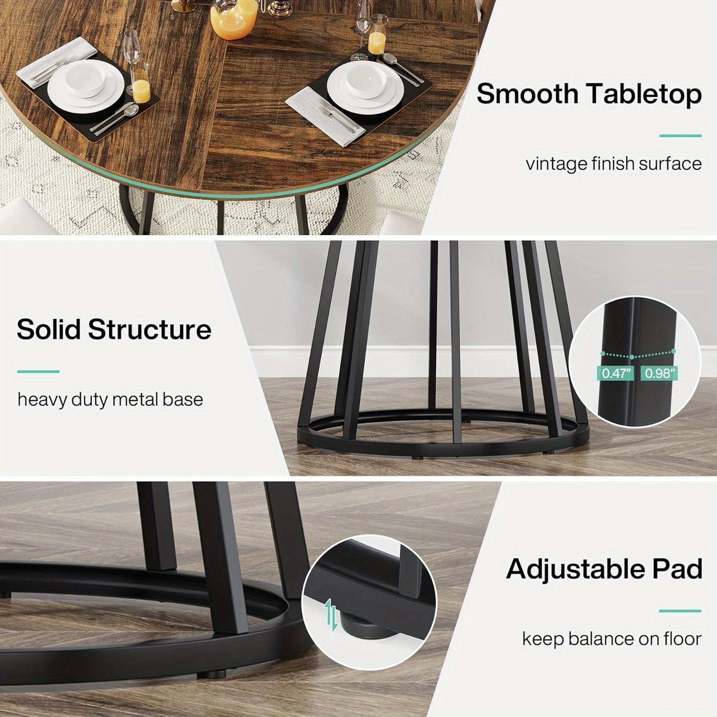 Ronde Eettafel – Eettafel Rond – Ronde Tafel – Eetkamertafel – Keukentafel – Modern Design – 119,89 cm Diameter – Donker Houten Blad – Zwart Metalen Onderstel