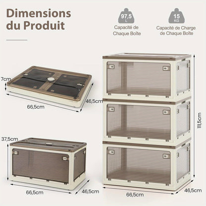 Opvouwbare Opbergboxen – Opvouwbare Opbergdozen – Stapelbare Opbergbakken – Plastic Opbergkisten – Rolcontainers – 3-Pack Met Deksel – Wielen & 5 Deuren