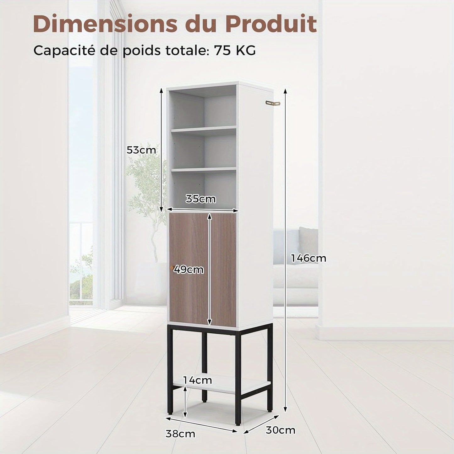 145 cm high living room cabinet, free-standing tall cabinet with adjustable shelves and storage space below