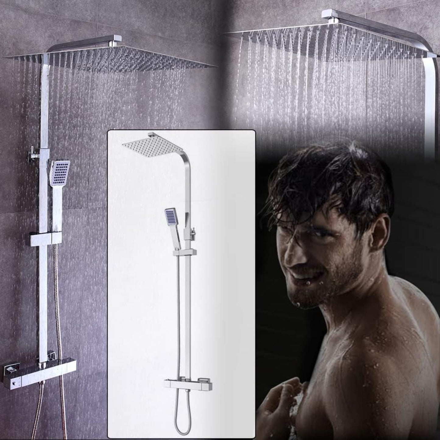 Thermostatische Douchekop – Regendouche – Doucheset – Thermostaatkraan – Handdouche – Vierkant 40x40 cm – Roestvrij Staal – Veiligheidsknop 38°C