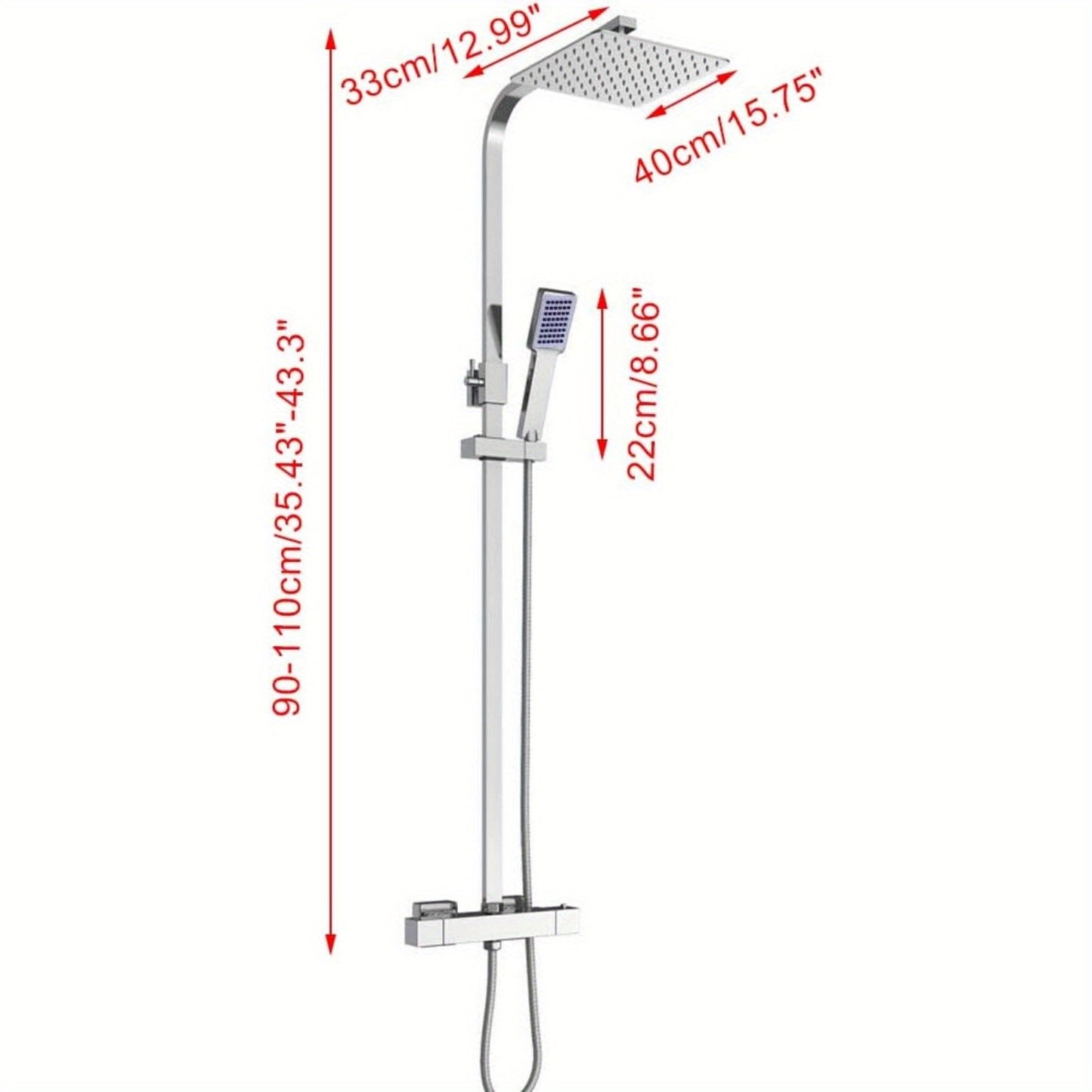 Thermostatische Douchekop – Regendouche – Doucheset – Thermostaatkraan – Handdouche – Vierkant 40x40 cm – Roestvrij Staal – Veiligheidsknop 38°C