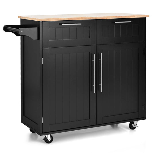 Keukentrolley – Keukenwagen – Serveerwagen – Werktafel – Opbergtrolley – Zwart – Rubbenhouten Werkblad 50 kg Draagvermogen – Mobiel Met 4 Zwenkwielen